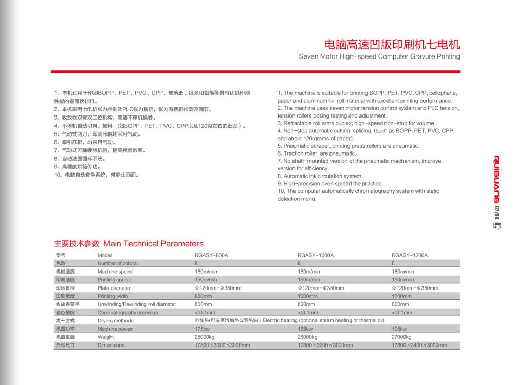 電腦高速凹版印刷機七電組技術參數(shù)